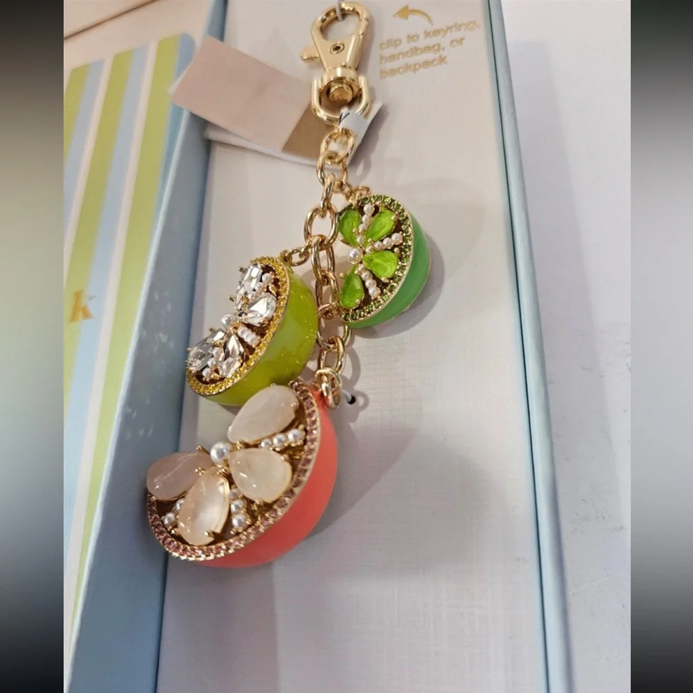 PIPER K Glass Pearls & Rose Quartz Citrus Slice Keychain Bag Purse Charm NEW NWT